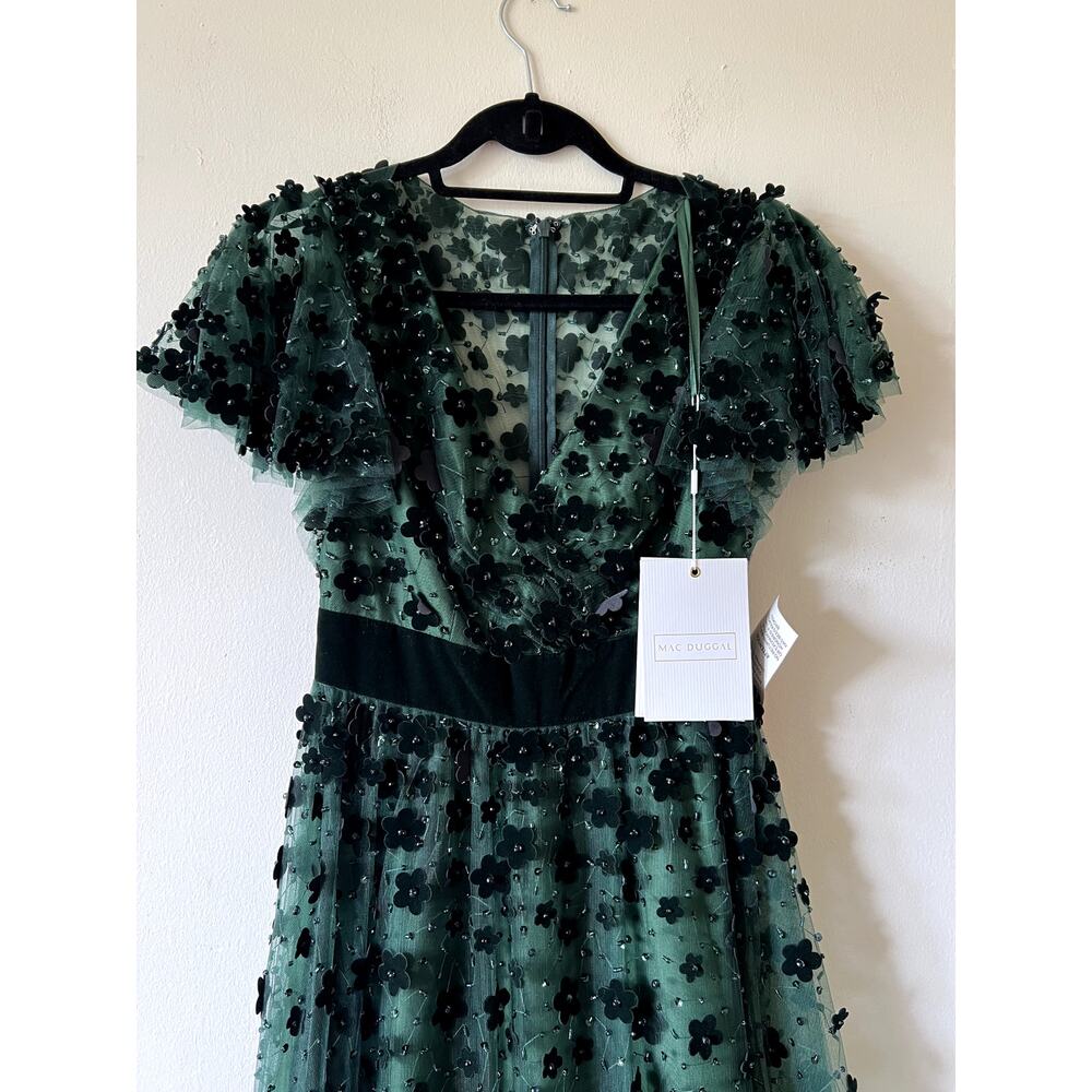 Mac Duggal Embellished Butterfly Sleeve Velvet Hem Midi Dress Emerald Green 2 - Picture 3 of 6